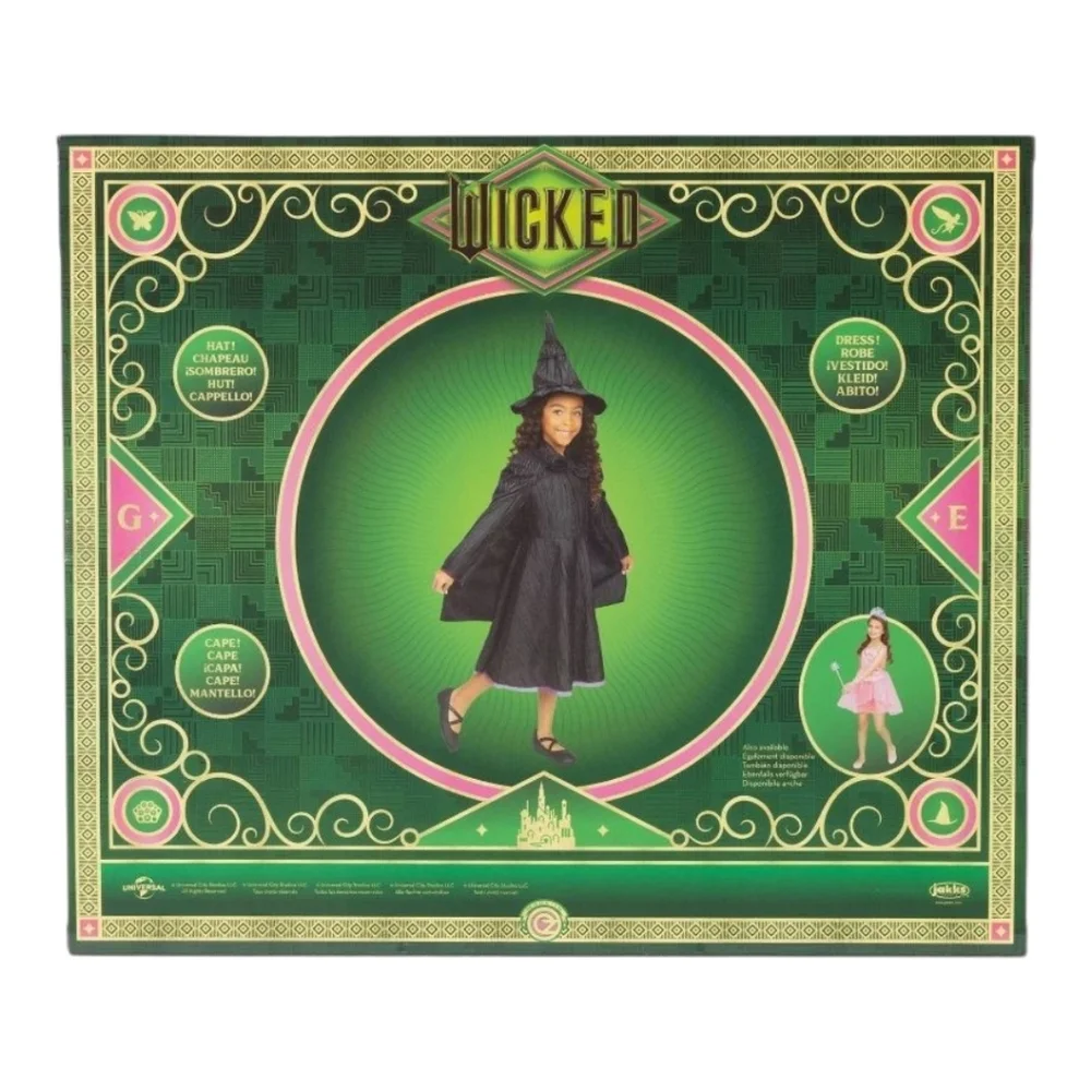 NEW Wicked Deluxe Elphaba Dress Up Set 4-6X Black Witch Costume Dress Cape Hat
